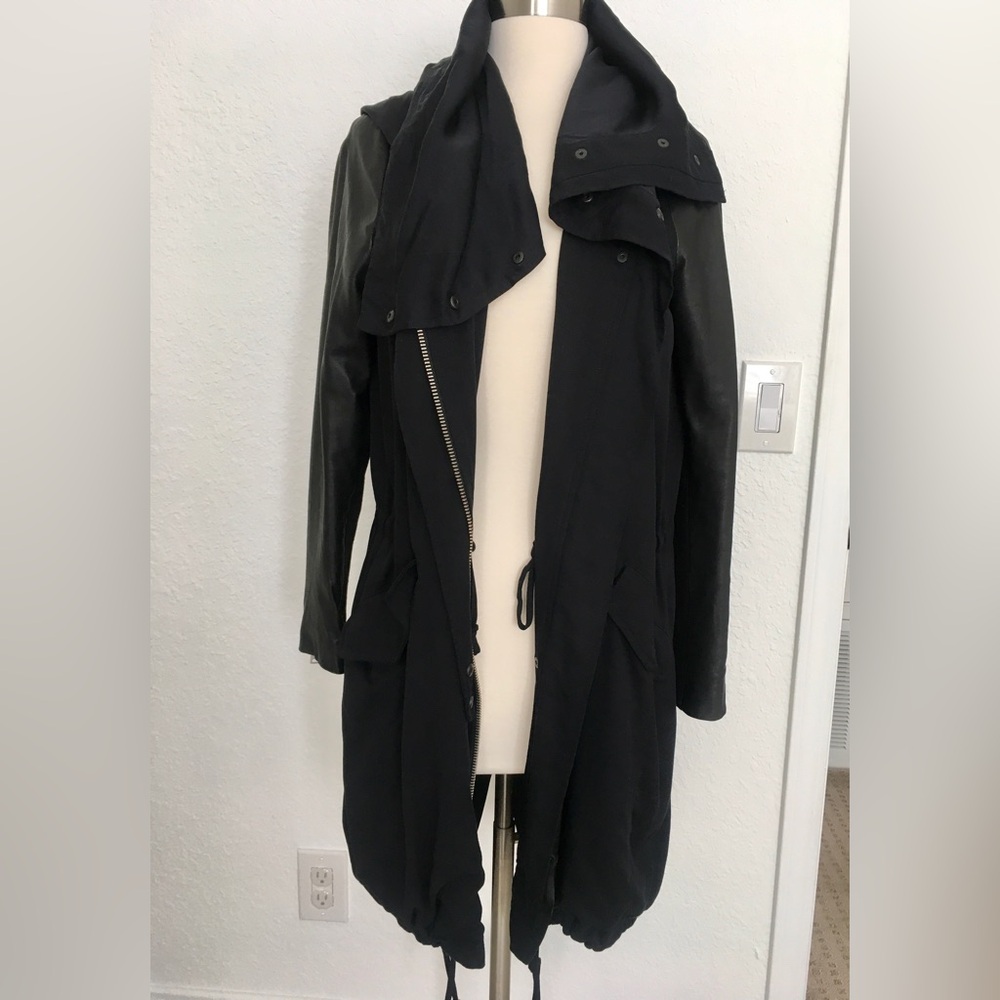 ALLSAINTS Black Leather, Wool, Hooded Kaito Parka Jacket Coat sz 6 S All Saints